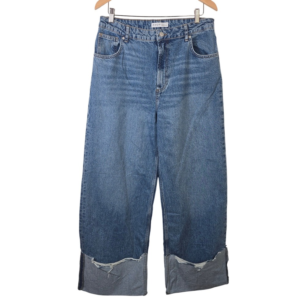 Denim Co Blue Wide Leg Jeans High Rise Distressed Cuff Size 12 Med Wash Cotton